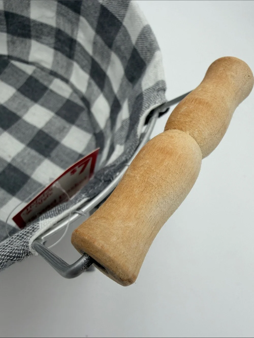 Set of 2 Gray & White Buffalo Check Wire Basket with Wooden Handles